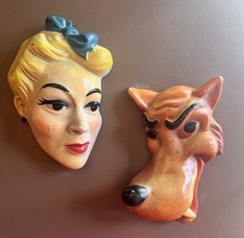 Rare 1950’s Antique Chalk Ware Figures Wall Hanging WOLF AND WOMAN Heads picture
