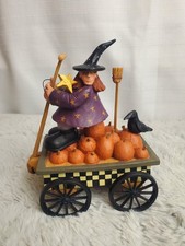 Vintage Retired Williraye Studios Harvest Magic Halloween Fall Witch Crow Wagon picture