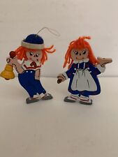 1984 Kurt Adler Raggedy Ann & Andy Painted Wooden Vintage Yarn Set Of 2Ornaments picture