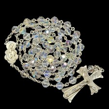 Vintage Aurora Borealis Crystal & Sterling Silver Catholic Rosary 24