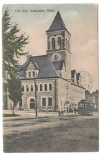 Vtg. 1908 Posted German Postcard City Hall, Lancaster, Ohio with Streetcar picture