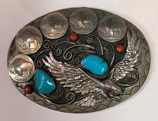 Vintage Signed Squaw Wrap Belt Buckle German Silver 5 Buffalo Nickels Eagle picture