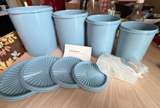 Vintage Tupperware Canister Set 4 Blue Nesting Stacking Containers W/scoops. NOS picture