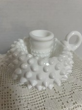 Fenton Milk Glass Candlestick, Handled Hobnail- Mint Condition picture