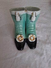 Antique Ladies Boots Porcelain Match Holder / Striker Hand Painted Greenish Blue picture