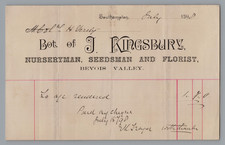 1889 Billhead J. KINGSBURY Nursueryman, Florist, Bevois Valley Southampton, UK picture