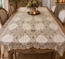 Vintage French Cotton And Lace Tablecloth picture