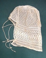 antique EARLY baby doll lace SUN BONNET DRAWSTRINGS ecru sue french fashion picture
