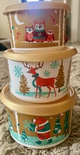 Tupperware Snowfall Sweeties Holiday Stacking Canisters 3 Pc Set One-Touch NEW picture