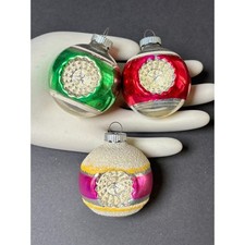 3 Vintage Double Flower Indent Shiny Brite Glass Christmas Ornaments Pink Gr Red picture