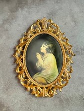 Vintage Ornate Gold Tone Oval Frame Convex Bubble Glass Praying Child 13x10 picture