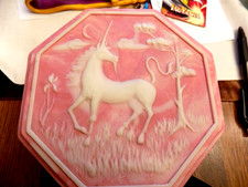 Vintage Incolay Stone Design Pegasus Unicorn Pink Jewelry Trinket Box Octagonal picture