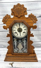 ANTIQUE OAK MANTLE CLOCK - UNMARKED - ORNATE CASE AND GLASS PANEL picture