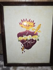 ANTIQUE Rectangle FRAMED EMBROIDERED BURNING SACRED HEART 8 X 10 picture