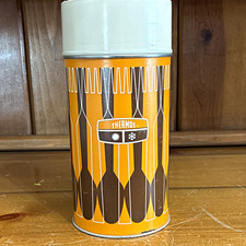 Thermos Metal Vacuum Bottle Thermos Pint Orange Brown Geometric Vintage picture