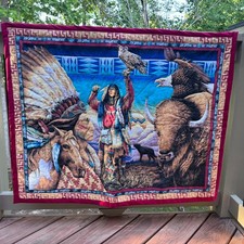 Vintage Native American Quilted Wall Hanging 39x31 Chief Buffalo Eagle Owl Horse picture