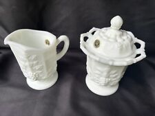 Westmoreland Milk Glass Paneled Grape Creamer And Lace Edge Sugar With Lid Blue picture
