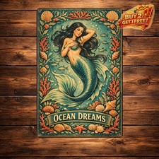 Mermaid Art Long Black Hair Metal Sign 8x12 Nautical Bathroom Wall Decor picture
