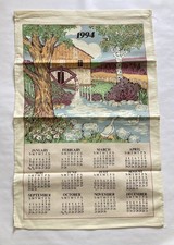 Vintage Cloth Calendar 1994 Kitchen Tea Towel Linen Watermill River Ducks Trees picture