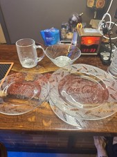 Vintage Set of Clear Glass Coca Cola Place Setting- Mug, Bowl, 2 Plates  picture