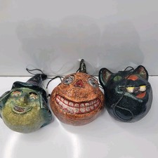 Vintage 3 Large Paper Mache Halloween Ornaments Dept 56 Cat Jack-O-Lantern Witch picture