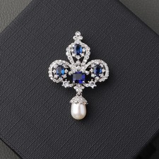 Estate Sapphire,Pearl & Diamond Crown Brooch Pin In I4k White Gold Plated Unisex picture