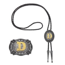 2 Pcs Western Cowboy Bolo Tie and Belt Buckle Set Golden Initial Letter D picture