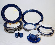 Vintage Sakura Galaxy Porcelain Dinnerware Set Blue 14K Gold Stars Celestial picture