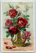 c1910s Roses Flowers In Vase Affection's Offering Embossed Tuck Antique Postcard picture