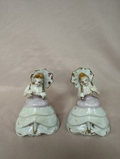 Vintage Ceramic Parasol Lady Figurines Pair Lavender & Gold 4” picture