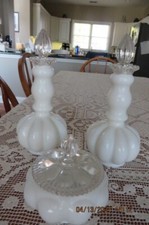 Vintage 1940's Fenton Silver Crest Melon Perfume Bottles & Powder w. Stoppers picture