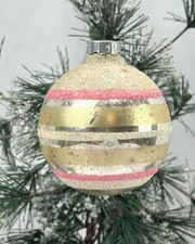 Vintage Shiny Brite Pink White Mica Gold Stripe Atomic Glass Christmas Ornament picture