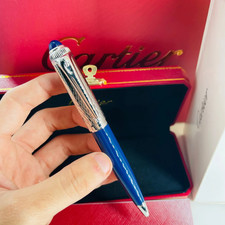 Cartier Guilloche Iced Blue Lacquer Ballpoint Pen Silver Trim Luxury Gift Box picture