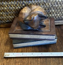 Vintage Hand Carved Wood Cat Sleeping On Books Figure Library Decor Cute picture