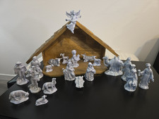 1985 Vintage Artisan Hand Made Nativity 21 Pc Set Ceramic Blue Glaze w/ Manger picture