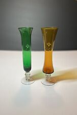 VTG MC Bud Vases Set Of 2 Amber & Green  Matching Etched Flower Vine Stemmed picture