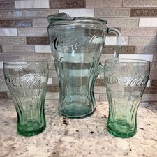 VTG 70s Coca Cola Heavy Glass Georgia Green Pitcher And Glasses Rare Defect picture