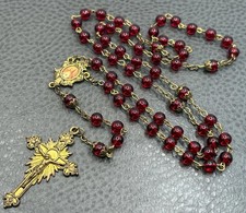 Vintage Sacred Heart Rosary Red Glass Beads Ornate Crucifix Gold Tone 26” picture