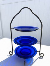 Vintage Cobalt Blue Glass 3 Tier Serving Stand Metal Frame Dessert Display picture