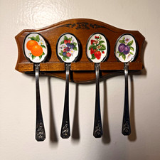 Vintage Avon Fruit Spoons Set of 4 Porcelain Ceramic Handles Wooden Wall Rack picture