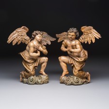 PAIR antique 18thc wood Spanish polychrome angel statues figurine religious art picture