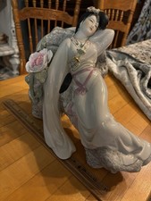 Vtg Porcelain Geisha Lounging On Rock Rose Hand Painted With Gilded Accents. picture