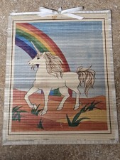 Vintage 1970s/1980s Unicorn and Rainbow Bamboo Matchstick Scroll Wall Hanging picture