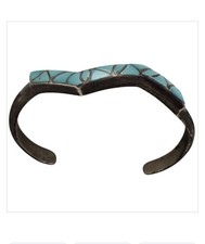 Astute ZUNI SIBERT&JANITA KALLESTEWA STERLING TURQUOISE INLAY CUFF BRACELET picture