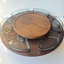 VTG Danish Digsmed Teak Lazy Susan Appetizer Serving Tray Glass Inserts Japan picture