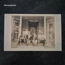 Antique RPPC Real Photo Postcard 6 Young Men on Porch Steps House 303 AZO 1910s picture