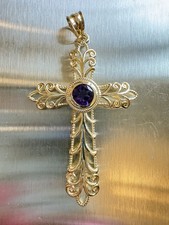 New Vintage 14K Yellow Gold Cross Michael Anthony Pendant 2.88gr Tanzenite/Sapph picture