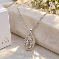 Italian 925 Sterling Silver Virgin Mary Pendant Necklace picture