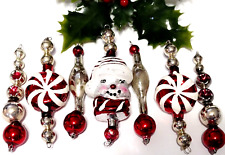 vtg Christmas Ornaments 7 Mercury Glass Bead Icicles Snowman Red Silver Candy #A picture