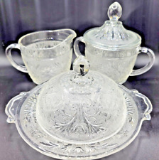Cute Vintage Anchor Hocking Covered Butter, Covered Sugar & Creamer Clear Glass picture